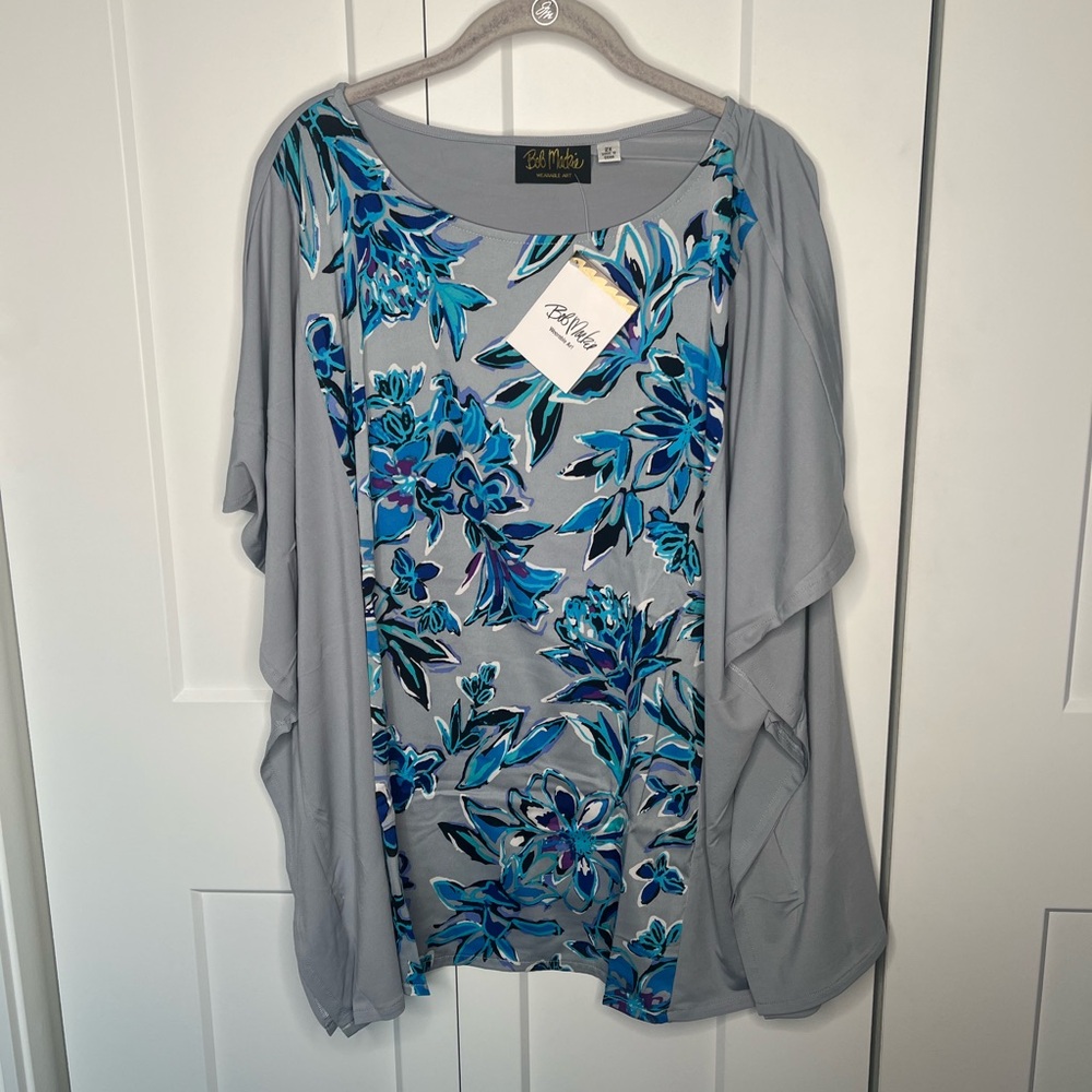 Bob Mackie Gray Blue Floral Blouse Kaftan Top women’s plus size 2X NWT